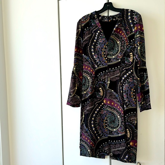 Etro Dresses & Skirts - Etro paisley print dress purple black blue flare sleeves size 40 4 to 6 lined